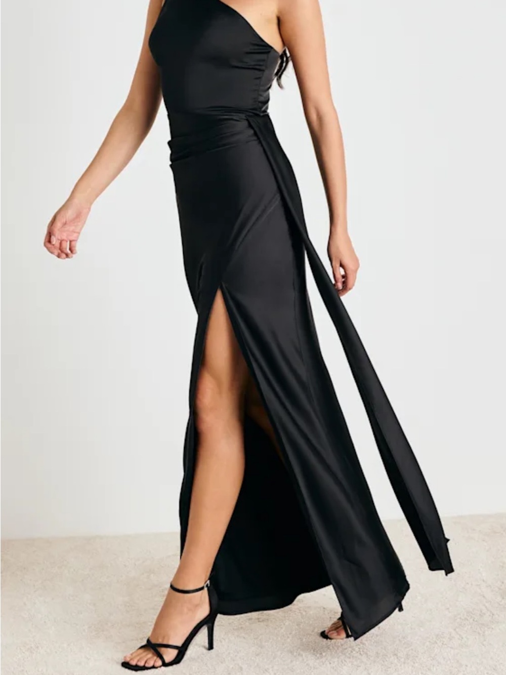 Lulu's One-Shoulder Black Satin Gown with Side Slit - Picture 4 of 5